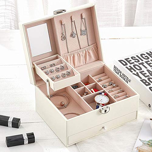 QYWJ Joyero Grande, Organizador Compacto con Cerradura con Espejo y candado, Vitrina para Anillos, Pulseras, Pendientes, Collares Madre, Esposa, Novia, Hija