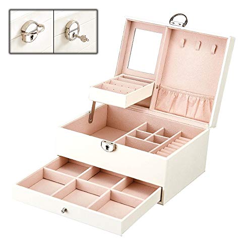 QYWJ Joyero Grande, Organizador Compacto con Cerradura con Espejo y candado, Vitrina para Anillos, Pulseras, Pendientes, Collares Madre, Esposa, Novia, Hija