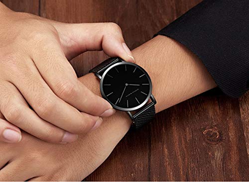 QZPM El Reloj De Manera Impermeable Reloj Unisex Relojes Negro Delgado De Acero Inoxidable para Los Hombres De Negocios Vestido Simples Analógicos De Cuarzo Relojes De Pulsera,Negro