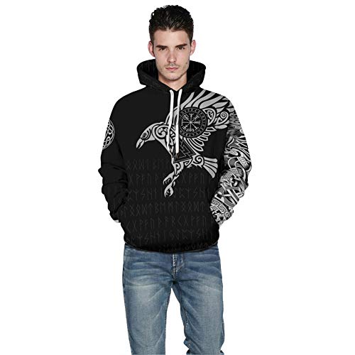 QZY Vintage Odin 3D Asgard Streetwear, Unisex Viking Sudadera Sudadera Cool Impreso Sudadera Personalizada con Grandes Bolsillos, Vestido de Parejas de Navidad,Runeshoodie,S