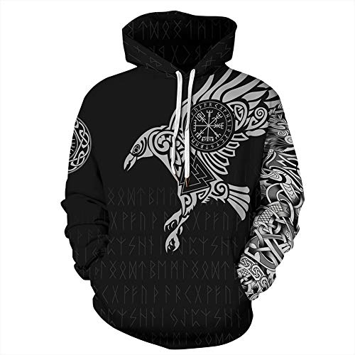 QZY Vintage Odin 3D Asgard Streetwear, Unisex Viking Sudadera Sudadera Cool Impreso Sudadera Personalizada con Grandes Bolsillos, Vestido de Parejas de Navidad,Runeshoodie,S