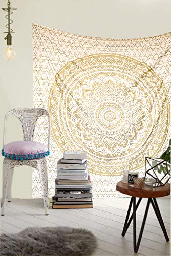 Raajsee Tapices metálicos para colgar en la pared, diseño de mandala bohemio, de algodón, color oro blanco Ombre, Queen (220 x 210 cm)