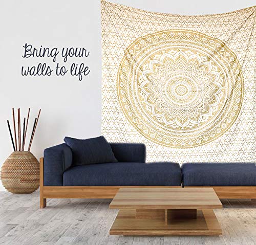 Raajsee Tapices metálicos para colgar en la pared, diseño de mandala bohemio, de algodón, color oro blanco Ombre, Queen (220 x 210 cm)