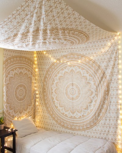 Raajsee Tapices metálicos para colgar en la pared, diseño de mandala bohemio, de algodón, color oro blanco Ombre, Queen (220 x 210 cm)