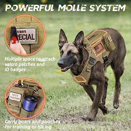 rabbitgoo Arnes Antitirones Perro Táctico de Arnés Perros Grande para Perros de Trabajo Militar con 2 Anillos de Metal Entrenamiento Ajustable sin Tirones para Caminar Cazar Marrón L