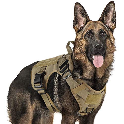 rabbitgoo Arnes Antitirones Perro Táctico de Arnés Perros Grande para Perros de Trabajo Militar con 2 Anillos de Metal Entrenamiento Ajustable sin Tirones para Caminar Cazar Marrón L
