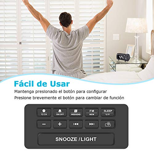 Radio Despertador Proyector, Liorque Reloj Despertador Digital con Gran VA Pantalla, Radio Reloj FM, C°/F°, 12/24 H, DST, 4 Niveles de Brillos, USB, Despertador Digital 180° con Función de Memoria