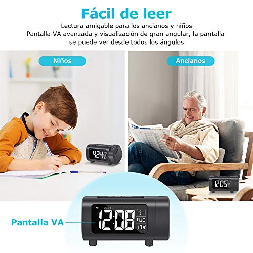 Radio Despertador Proyector, Liorque Reloj Despertador Digital con Gran VA Pantalla, Radio Reloj FM, C°/F°, 12/24 H, DST, 4 Niveles de Brillos, USB, Despertador Digital 180° con Función de Memoria