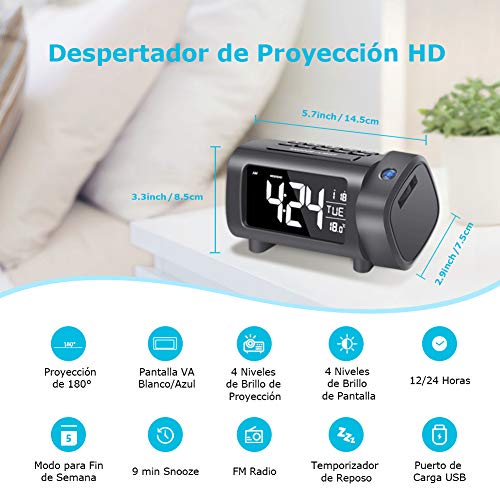Radio Despertador Proyector, Liorque Reloj Despertador Digital con Gran VA Pantalla, Radio Reloj FM, C°/F°, 12/24 H, DST, 4 Niveles de Brillos, USB, Despertador Digital 180° con Función de Memoria