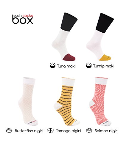 Rainbow Socks - Mujer Hombre Calcetines Sushi Tamago Pampanito Salmón 2x Maki - 5 Pares - Tamaño 36-40