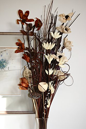 Ramo de flores secas y artificiales, 90 cm de largo y listo para colocar en florero, de color marrón y crema