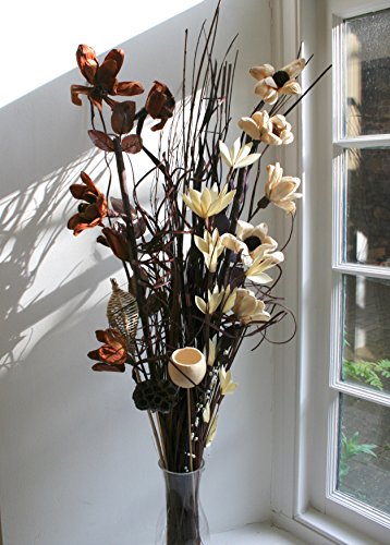 Ramo de flores secas y artificiales, 90 cm de largo y listo para colocar en florero, de color marrón y crema