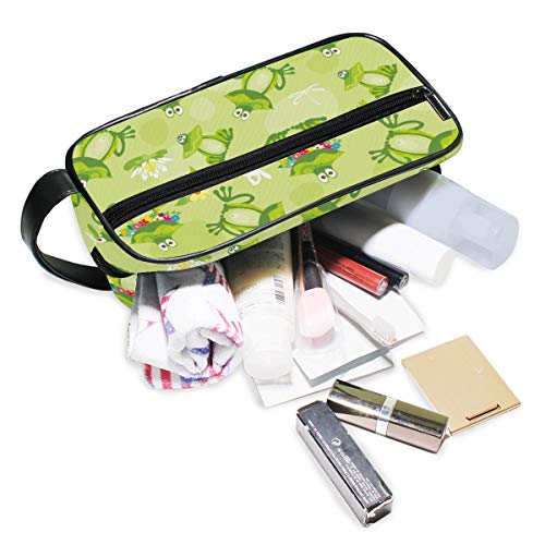 Ranas sapos y flores sobre fondo verde Herramientas Estuche de tren cosmético Bolsillos Bolsa de maquillaje portátil Almacenamiento Toalla de viaje Bolsa