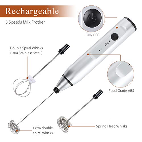 RATEL Espumador de Leche Recargable, Ajustable 3 velocidades con 1 batidor de Resorte de Acero Inoxidable, 2 Batidos de Espiral de Acero Inoxidable para café, café con Leche, Capuchino