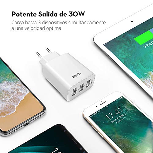 RAVPower Cargador Móvil con 3 Puertos USB (30W 5V/6A) Máxima de 2,4A Cada Puerto Compatible con iPhone 11 Pro MAX XS MAX XR X 8 Plus iPad Pro Air Mini Samsung LG Huaiwei Xiaomi Blanco