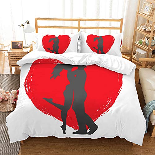 REALIN Funda Nórdica Pareja De Anime Juego De Ropa De Cama Corazones Rojos Besos A La Luz De La Luna Colcha,2/3/4PCS Fundas De Edredón Nórdico/Almohada/Sábanas,para Cama 90/135/150/180
