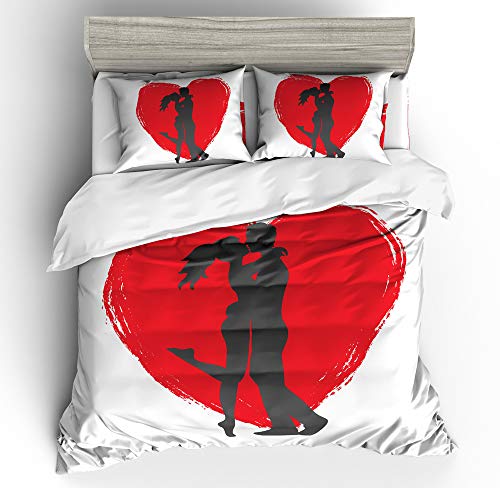 REALIN Funda Nórdica Pareja De Anime Juego De Ropa De Cama Corazones Rojos Besos A La Luz De La Luna Colcha,2/3/4PCS Fundas De Edredón Nórdico/Almohada/Sábanas,para Cama 90/135/150/180