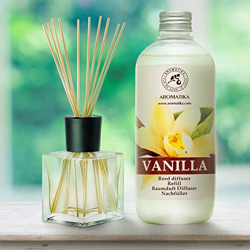 Recambio de Difusor Vainilla 500 ml - Aceite Esencial Puro & Natural Vainilla - Aroma de Intensas y Duraderas - 0% Alcohol - para Aromatizar el Aire en Cuartos - Baños - Hogares - Difusor Aroma