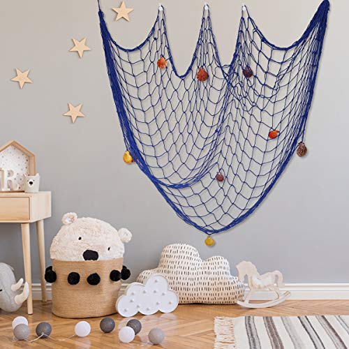 Red de Pesca Marco de la Foto Decorativos de Pared Estilo mediterráneo para el Hogar, Fiesta, Baby Shower, Decoración Fotográfica, 200 x 100 cm Azul (con Uñas)