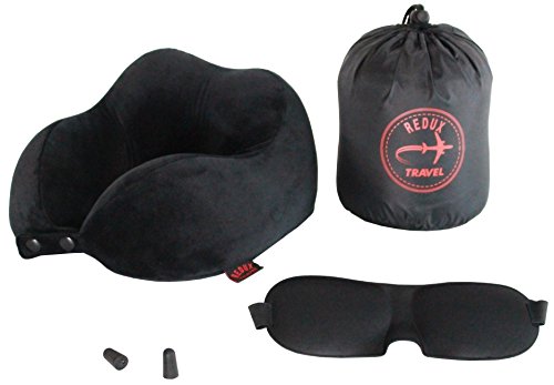 REDUX TRAVEL - Almohada de Viaje Cervical de Espuma de Memoria viscoelástica - Kit con Antifaz + Tapones para Dormir - Ideal para Viajes en avión y Coche