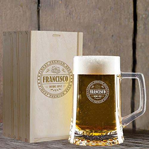 Regalo Personalizado: Jarra de Cerveza grabada con un Sello de autenticidad con su Nombre y año de Nacimiento
