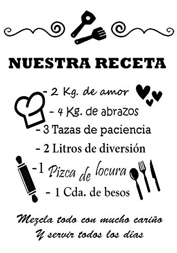 REGALOS ESTRELLA AZUL Vinilo de pared decorativos de cocina"Nuestra receta" Original frase decorativa de pared motivadora, vinilo de pared cocina (60x42)