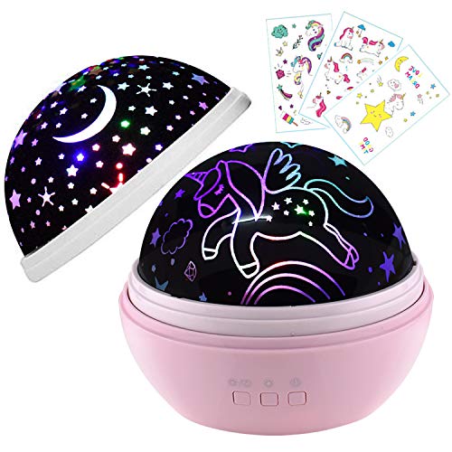 Regalos Niña 1-12 años,Lámpara de proyector de unicornio y estrella, forma de globo, luz nocturna giratoria, regalo de guardería, regalo para niños con 3 tatuajes temporales de unicornio