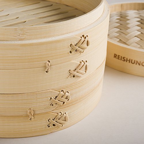 Reishunger Vaporera de bambú (Ø 25 cm, 2 pisos) para arroz, dim sum, verduras, pescado y carne, incluye 2 toallas de algodón, para 4 personas