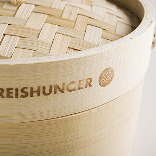 Reishunger Vaporera de bambú (Ø 25 cm, 2 pisos) para arroz, dim sum, verduras, pescado y carne, incluye 2 toallas de algodón, para 4 personas