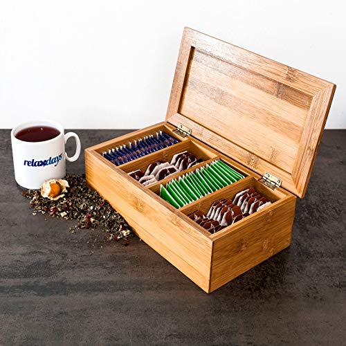 Relaxdays 10018875 - Caja para bolsitas de té (Madera de bambú Natural, con Tapa, 4 Compartimentos)