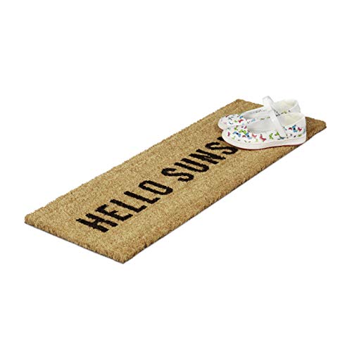 Relaxdays – Felpudo Hello Sunshine para la Entrada del hogar, 1.5 x 75 x 25 cm, Fibra de Coco y PVC, Antideslizante, Color marrón