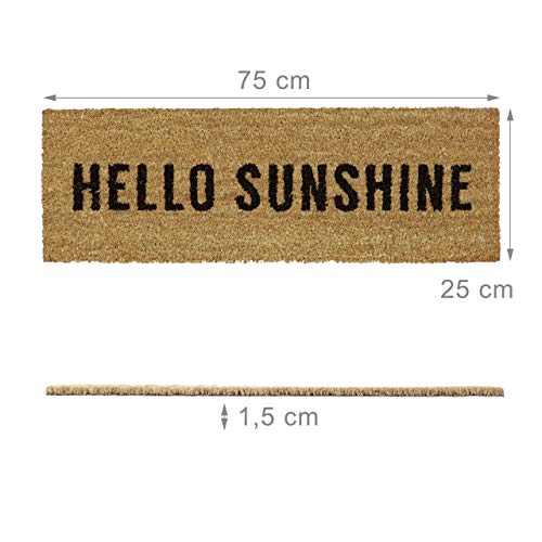 Relaxdays – Felpudo Hello Sunshine para la Entrada del hogar, 1.5 x 75 x 25 cm, Fibra de Coco y PVC, Antideslizante, Color marrón