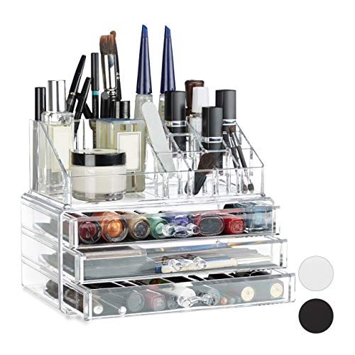 Relaxdays Organizador Maquillaje pequeño, Fibra acrílica, Transparente, 19 x 23,5 x 14 cm