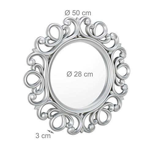 Relaxdays, Plata Espejo Redondo de Pared, Decoración de Pasillo o salón, con Marco, ∅ 50 cm, PP, Vidrio, cartón, 50 x 50 x 3 cm, 10025533_55