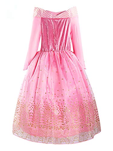 ReliBeauty--Vestido del Traje de la Princesa Aurora Vestuario del La Bella Durmiente Vestido de Tul con la Lentejuela y el Ornamento de Oro Cosplay de Halloween para niña – Rosa?4-5 años