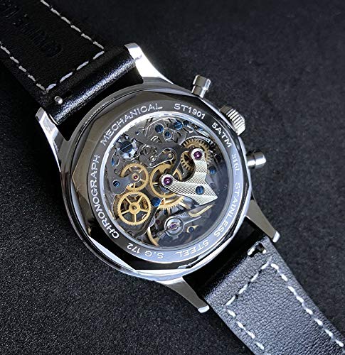 Reloj Cronógrafo Mecánico ST1901 Original Zafiro Movimiento 5 ATM Impermeable Cuello De Cisne De Cuello De Cisne Regulador De Los Hombres del Reloj Hyococ (Color : B)