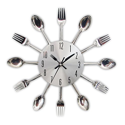 Reloj de cocina efecto espejo con diseño de cuchara, tenedor, cubertería, adhesivo extraible en 3D para decoración del hogar