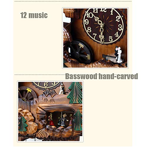 Reloj De Cuco Bosque Negro Reloj De Chalet Cuarzo Reloj De Pared De Madera Péndulo Pájaro Móvi Bailarines Molino De Agua Picador De Madera 12 Melodías Diferentes