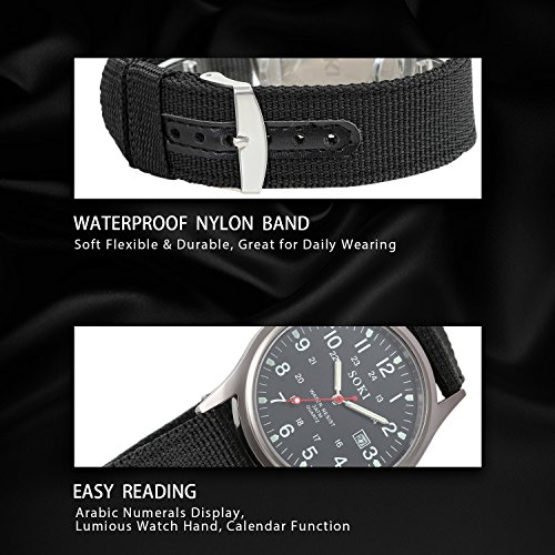 Reloj de Hombre Correa de Nylon Reloj Militar Deportivo, Verde Reloj de Piloto Ligero Reloj de Cuarzo Japonés, Reloj con Calendario, Luminoso, Reloj de Negocio Causal, Regalo Navidad, Avaner (Negro)