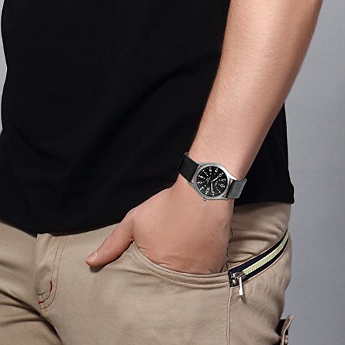 Reloj de Hombre Correa de Nylon Reloj Militar Deportivo, Verde Reloj de Piloto Ligero Reloj de Cuarzo Japonés, Reloj con Calendario, Luminoso, Reloj de Negocio Causal, Regalo Navidad, Avaner (Negro)