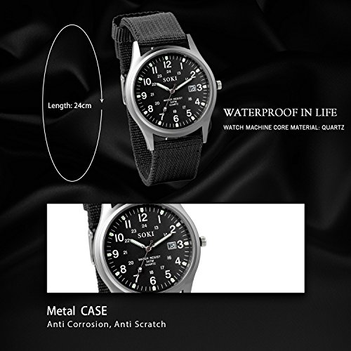 Reloj de Hombre Correa de Nylon Reloj Militar Deportivo, Verde Reloj de Piloto Ligero Reloj de Cuarzo Japonés, Reloj con Calendario, Luminoso, Reloj de Negocio Causal, Regalo Navidad, Avaner (Negro)