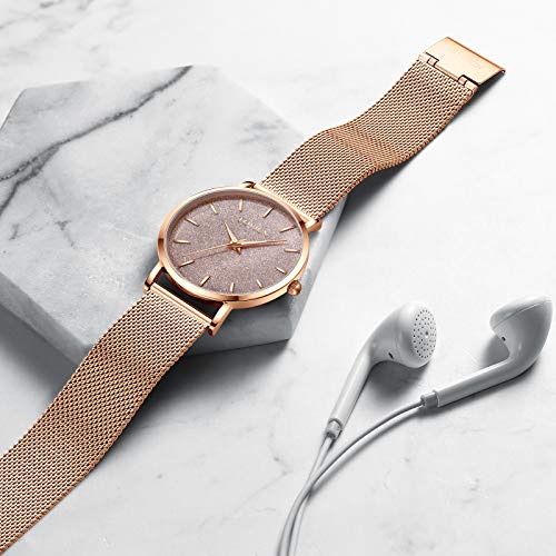 Reloj de Oro Rosa para Mujer Reloj de Cuarzo analógico de Malla de Acero Inoxidable para Mujer de Moda Casual Relojes