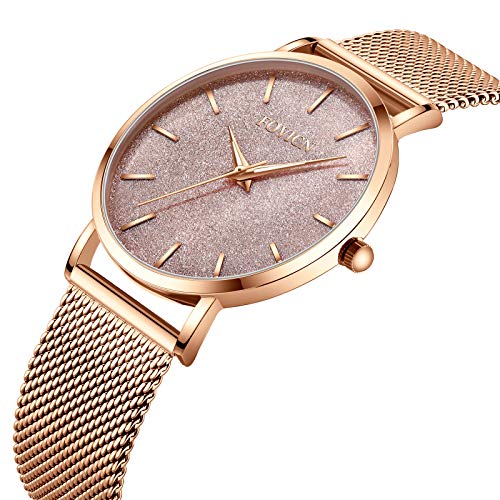 Reloj de Oro Rosa para Mujer Reloj de Cuarzo analógico de Malla de Acero Inoxidable para Mujer de Moda Casual Relojes