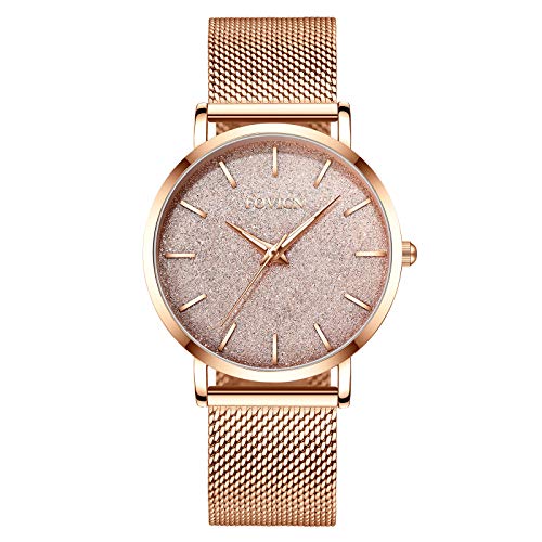 Reloj de Oro Rosa para Mujer Reloj de Cuarzo analógico de Malla de Acero Inoxidable para Mujer de Moda Casual Relojes