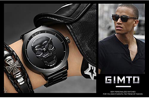 Reloj de pulsera para hombre, de acero inoxidable, negro, con diseño de calavera en 3D y de calidad