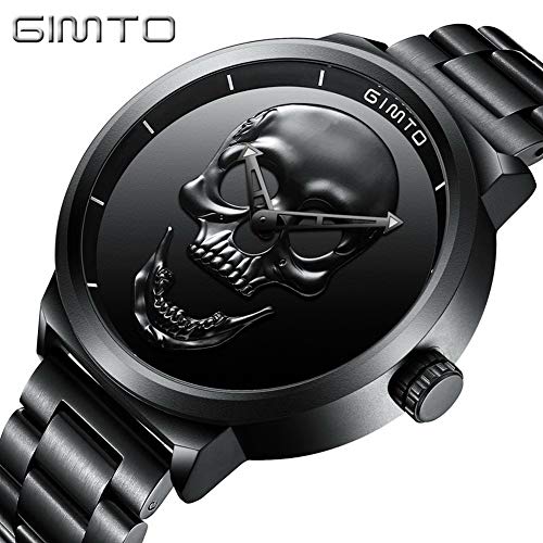 Reloj de pulsera para hombre, de acero inoxidable, negro, con diseño de calavera en 3D y de calidad