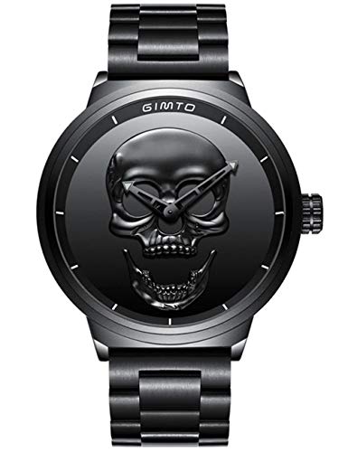 Reloj de pulsera para hombre, de acero inoxidable, negro, con diseño de calavera en 3D y de calidad