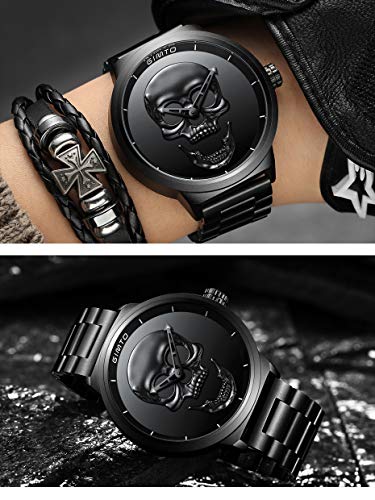 Reloj de pulsera para hombre, de acero inoxidable, negro, con diseño de calavera en 3D y de calidad