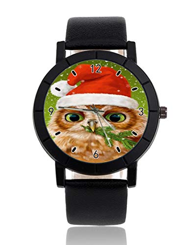 Reloj de pulsera unisex con diseño de búho navideño con hierba en su boca, personalizado, informal, correa de piel, color negro, para hombres y mujeres