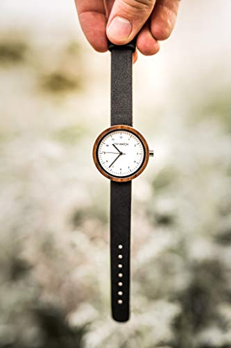 Reloj Madera Mujera - Correa de Cuero Vegano Negro - Ovi Watch